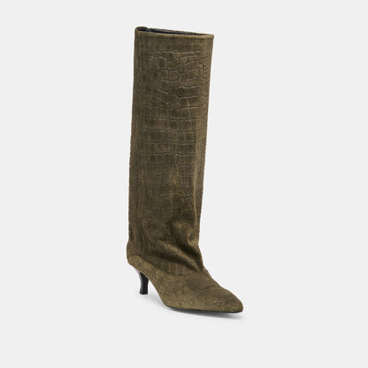Roxla Olive Croco Embossed Leather Boots - Dolce Vita