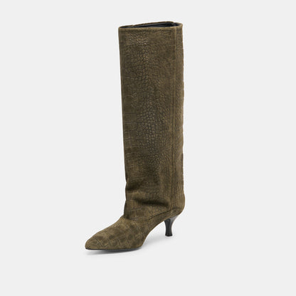 Roxla Olive Croco Embossed Leather Boots - Dolce Vita