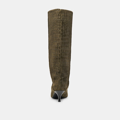 Roxla Olive Croco Embossed Leather Boots - Dolce Vita