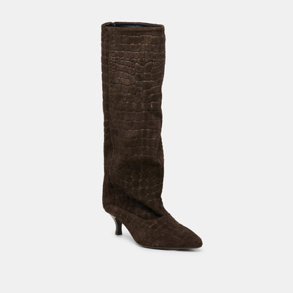Roxla Dk Chocolate Croco Embossed Leather Boots - Dolce Vita
