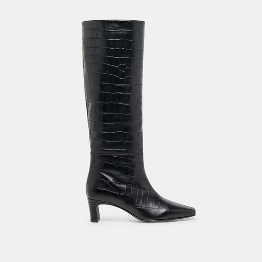 Trixi Noir Croco Embossed Leather Boots - Dolce Vita