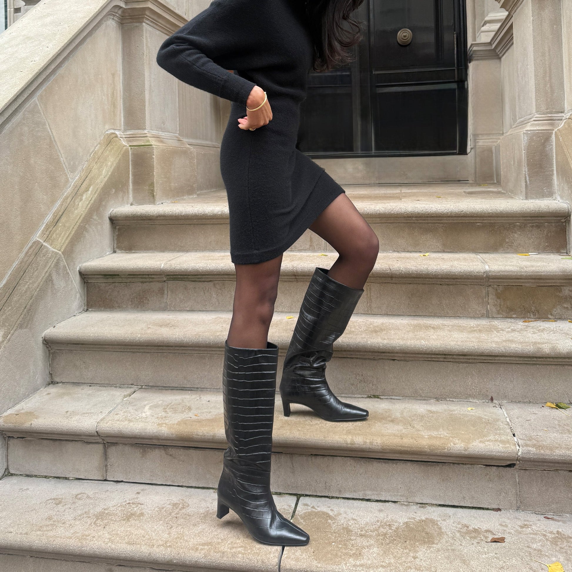 Trixi Noir Croco Embossed Leather Boots - Dolce Vita