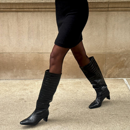 Trixi Noir Croco Embossed Leather Boots - Dolce Vita
