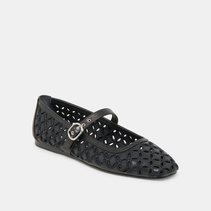RODNI EYELET PERF BALLET FLATS BLACK LEATHER - Dolce Vita