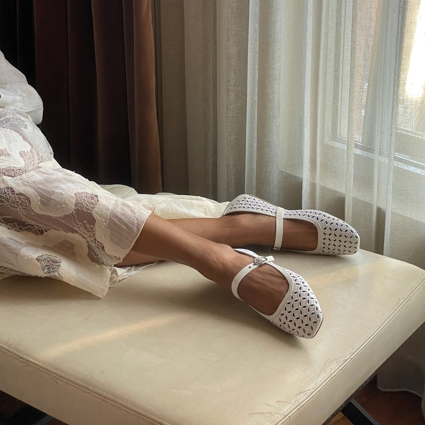 RODNI EYELET PERF BALLET FLATS TRUE WHITE LEATHER - Dolce Vita