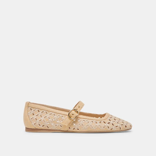 RODNI EYELET PERF BALLET FLATS LT NATURAL WOVEN RAFFIA - Dolce Vita
