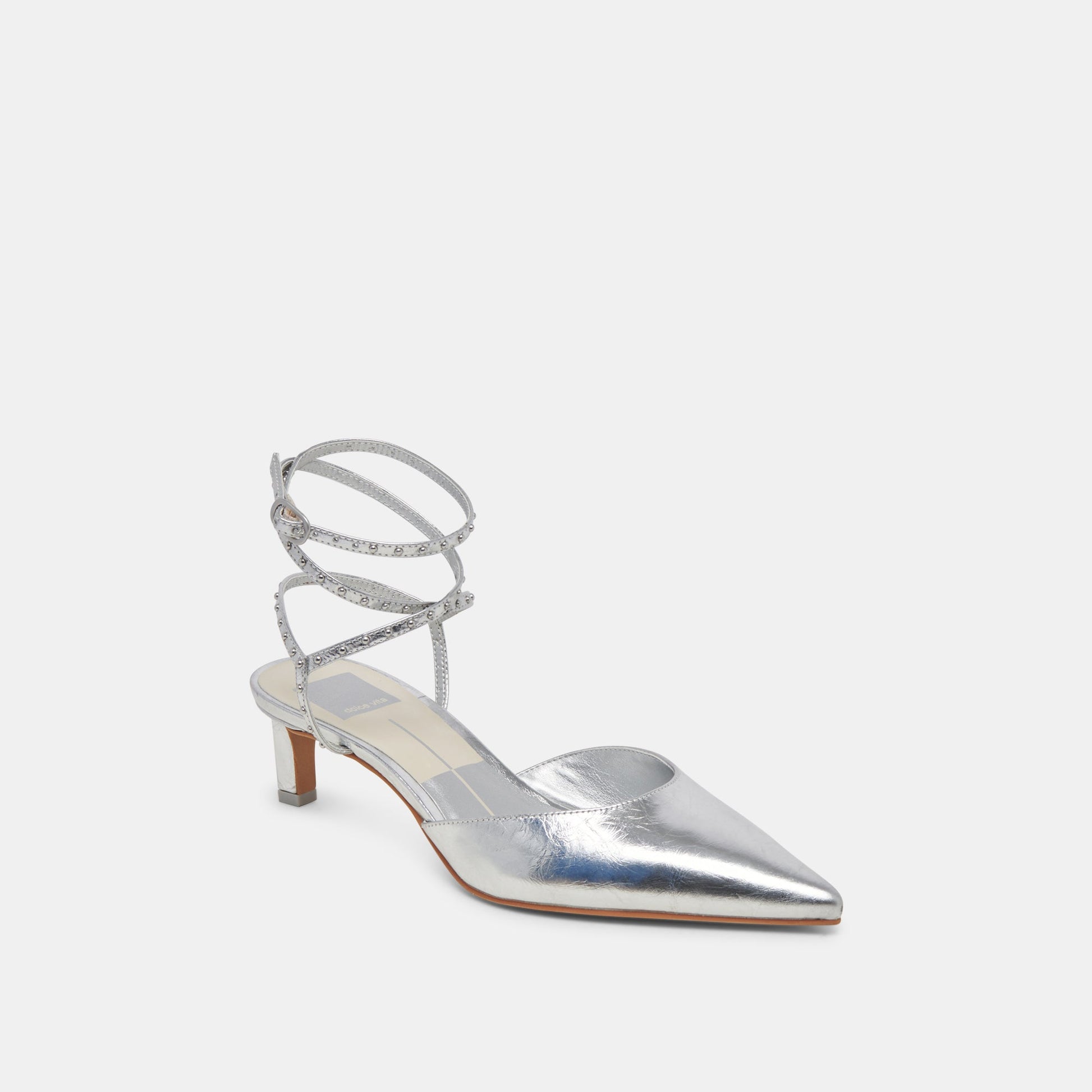 LOKLYN STUD HEELS SILVER CRINKLE PATENT - Dolce Vita