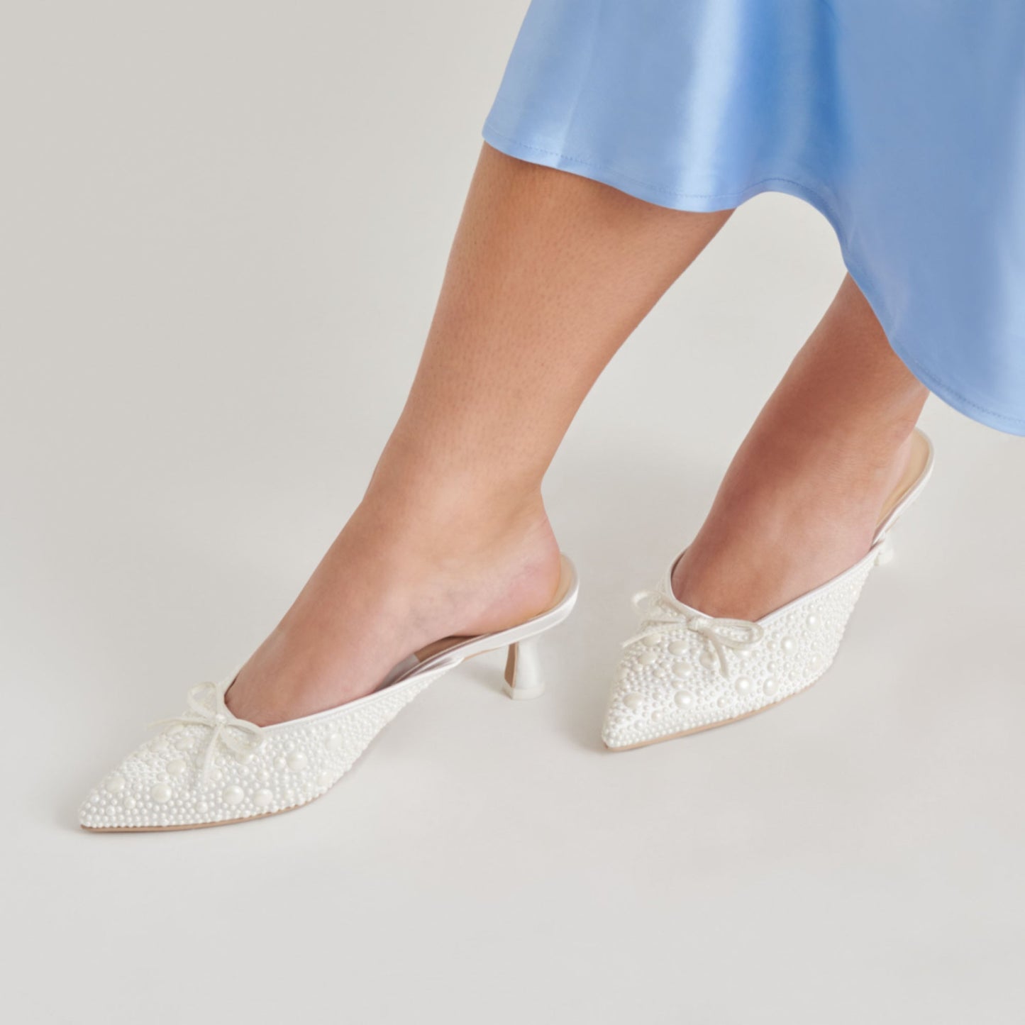 CLAYTN PEARL HEELS TRUE WHITE SATIN - Dolce Vita