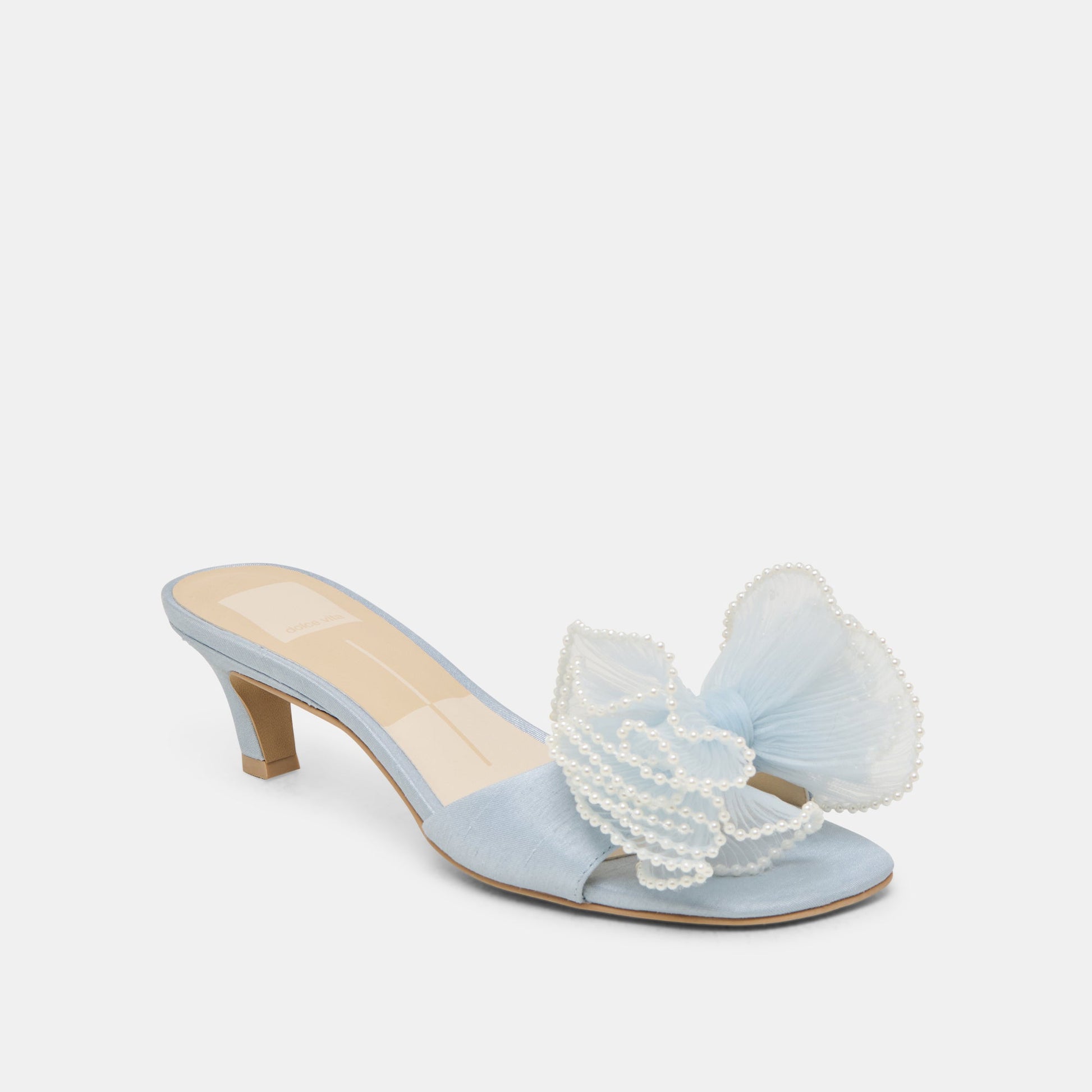NARITA PEARL HEELS LIGHT BLUE SATIN - Dolce Vita