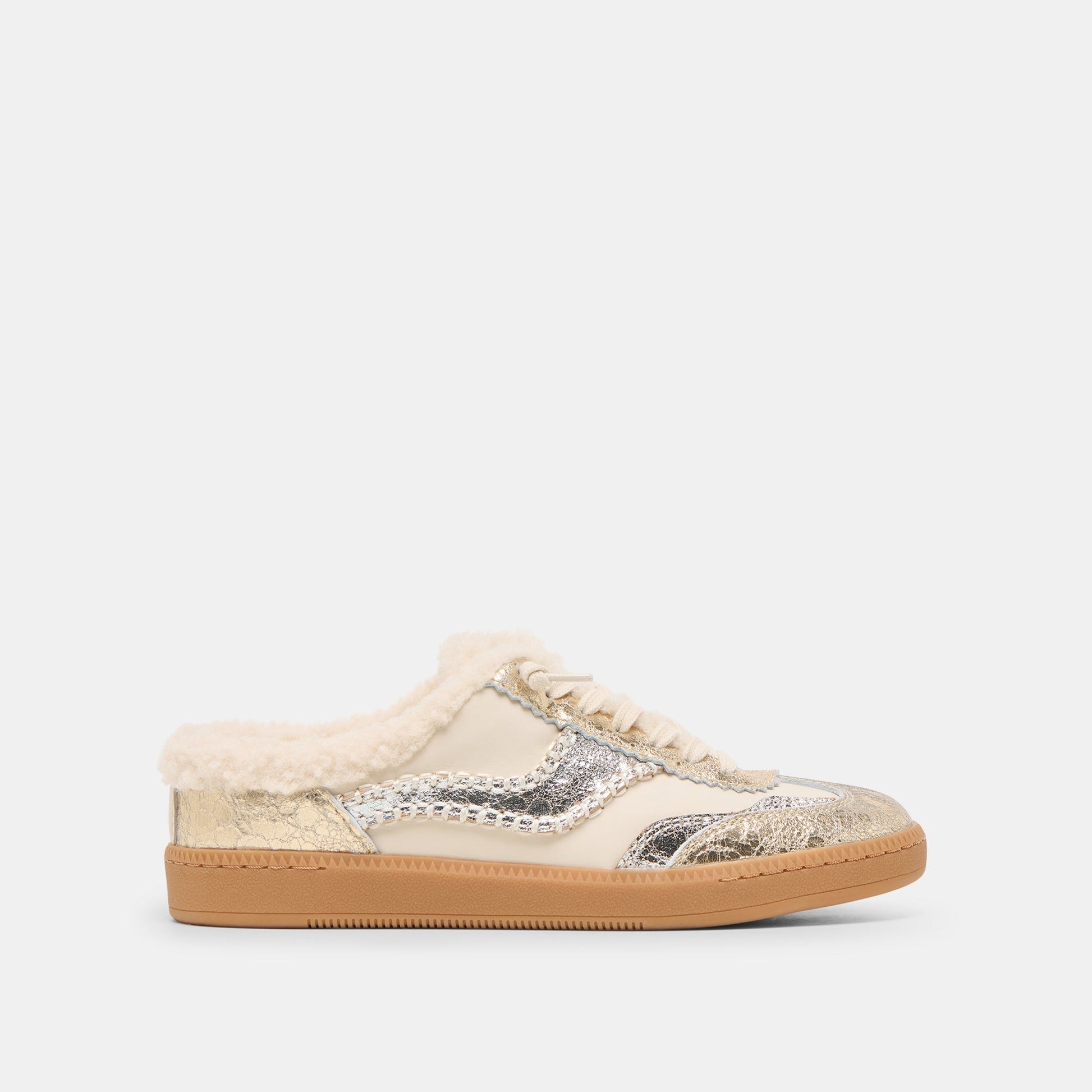 Notice Slide Plush Silver Gold Crackled Leather Sneakers - Dolce Vita
