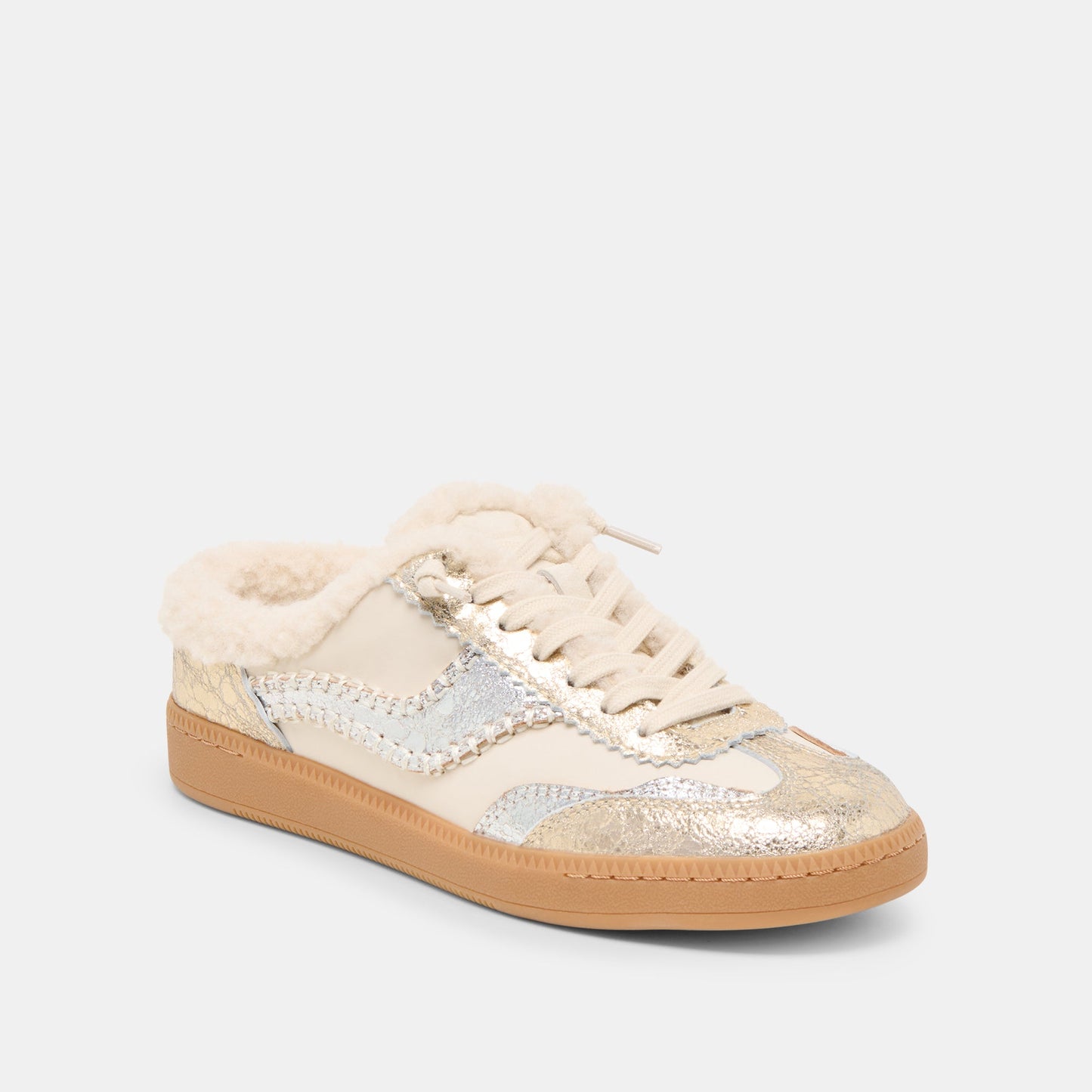 Notice Slide Plush Silver Gold Crackled Leather Sneakers - Dolce Vita
