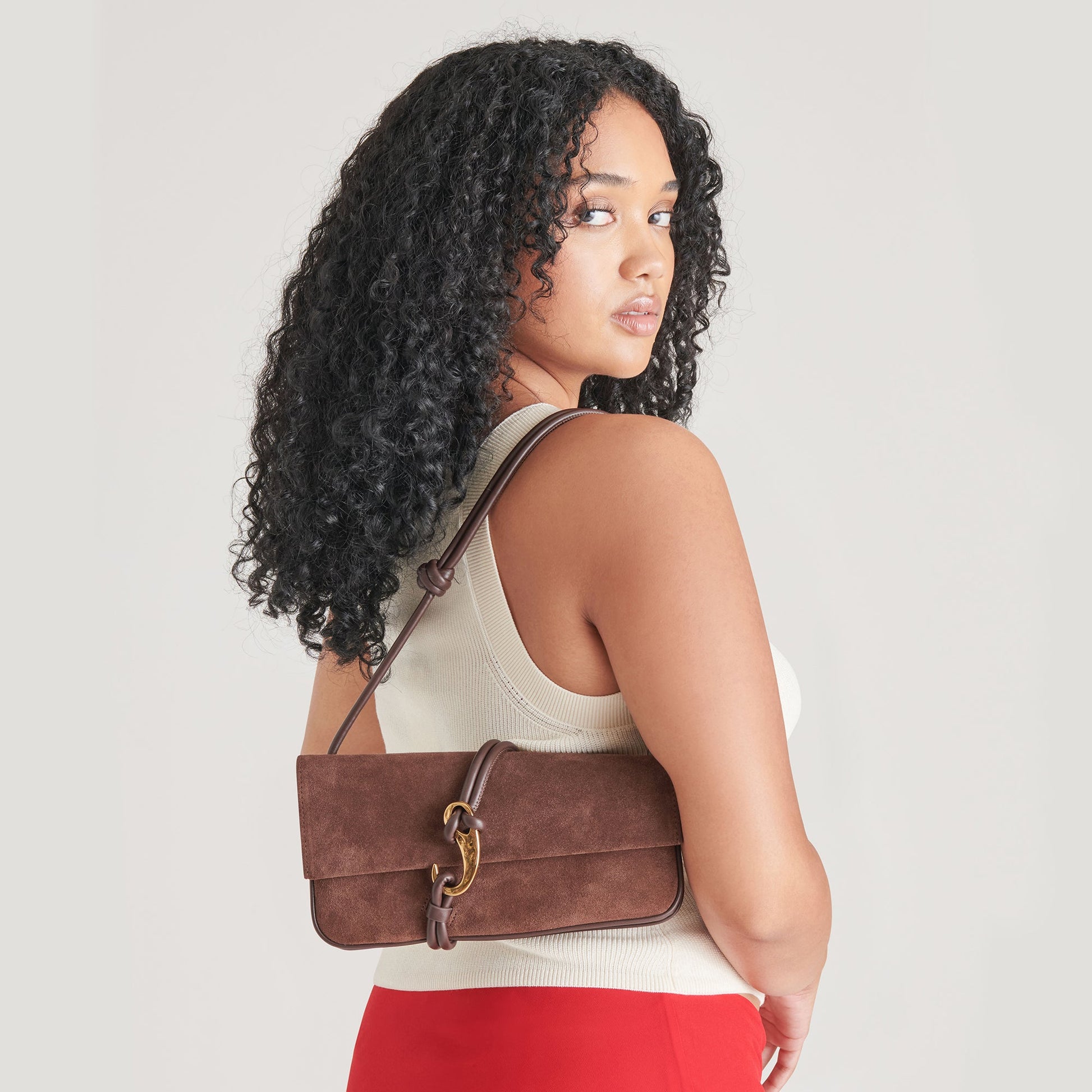 Alice Chocolate Suede Shoulder Bag - Dolce Vita