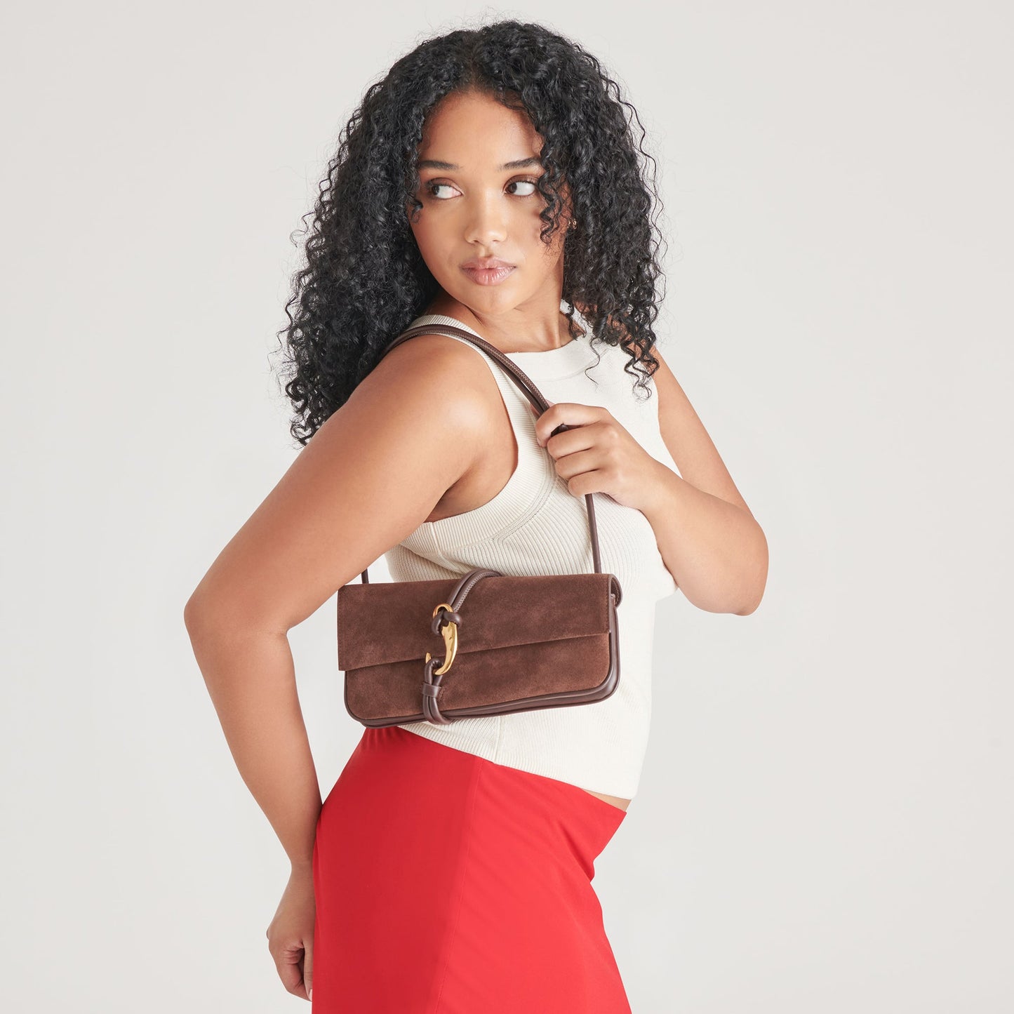 Alice Chocolate Suede Shoulder Bag - Dolce Vita