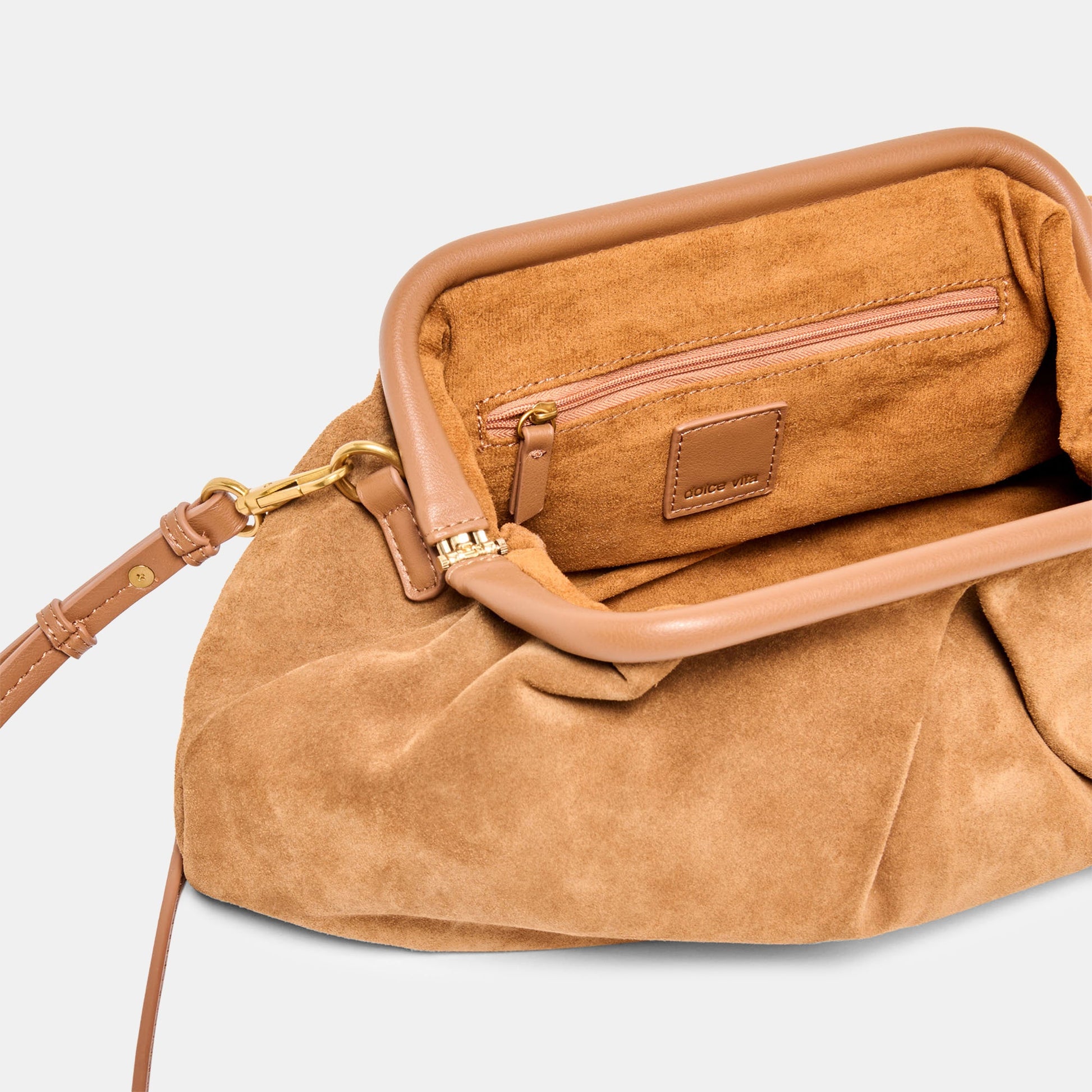 Sahara Cognac Suede Clutch - Dolce Vita