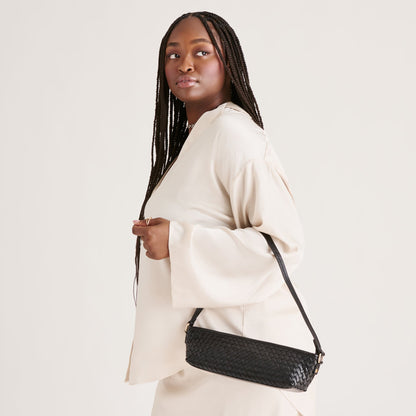 Savaii Black Woven Leather Shoulder Bag - Dolce Vita