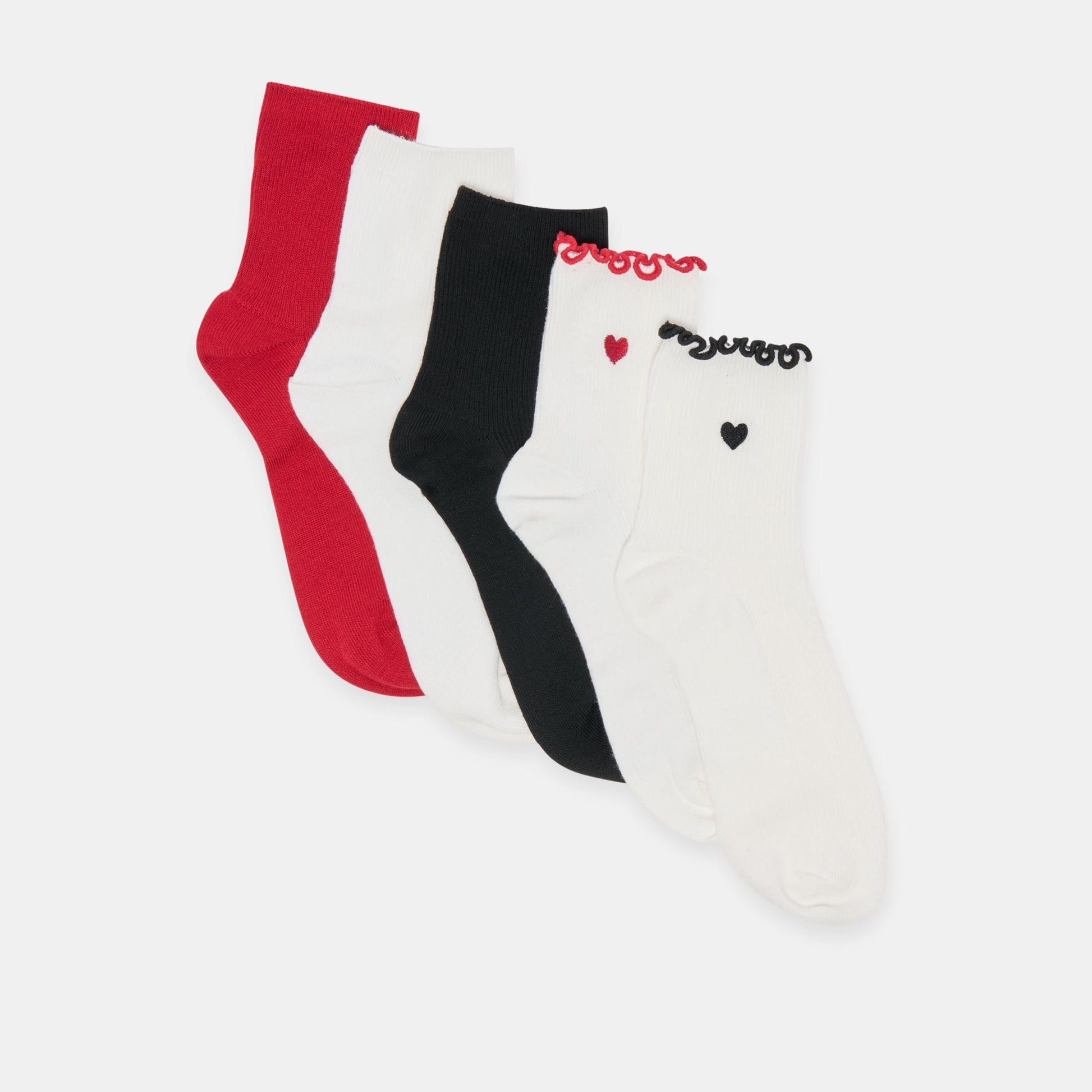 5 Pack Embroidered Rib White Black Multi Anklet Socks - Dolce Vita