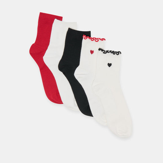 5 Pack Embroidered Rib White Black Multi Anklet Socks - Dolce Vita