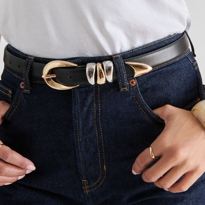 Mixed Metal Black Buckle Belt - Dolce Vita